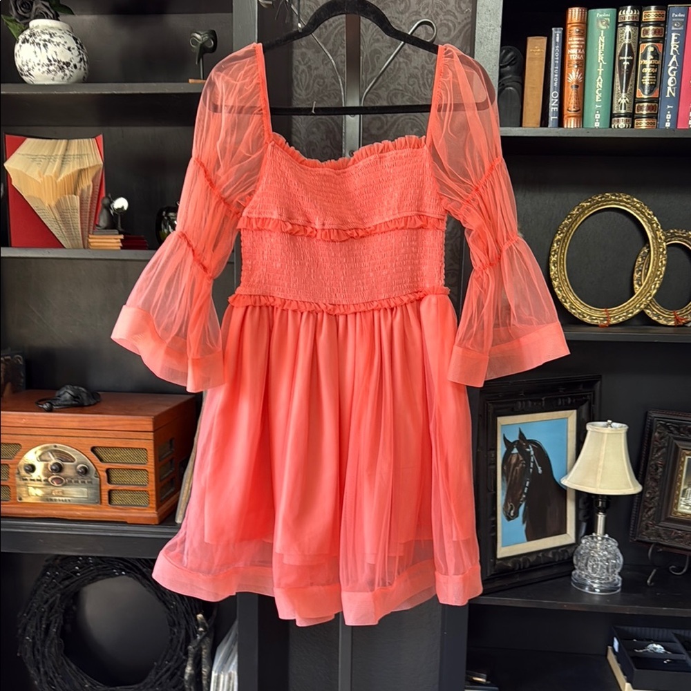 Coral Sheer Sleeve Dress